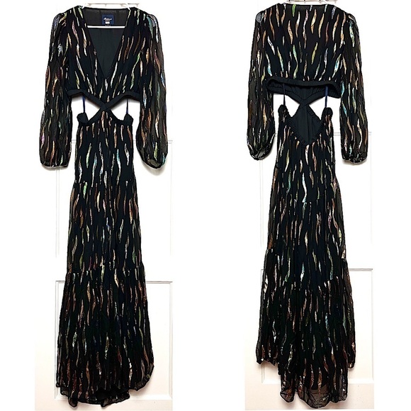 SHOSHANNA Rainbow Metallic Chiffon Puff Long Sleeve Cutout Waist Maxi Gown 10 - Picture 5 of 12